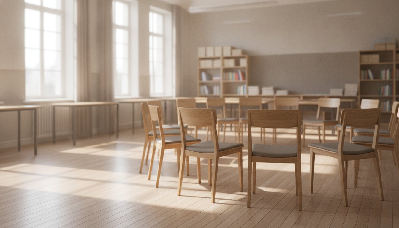 Professores e gestores escolares conversando em círculo de cadeiras em uma sala de aula iluminada.