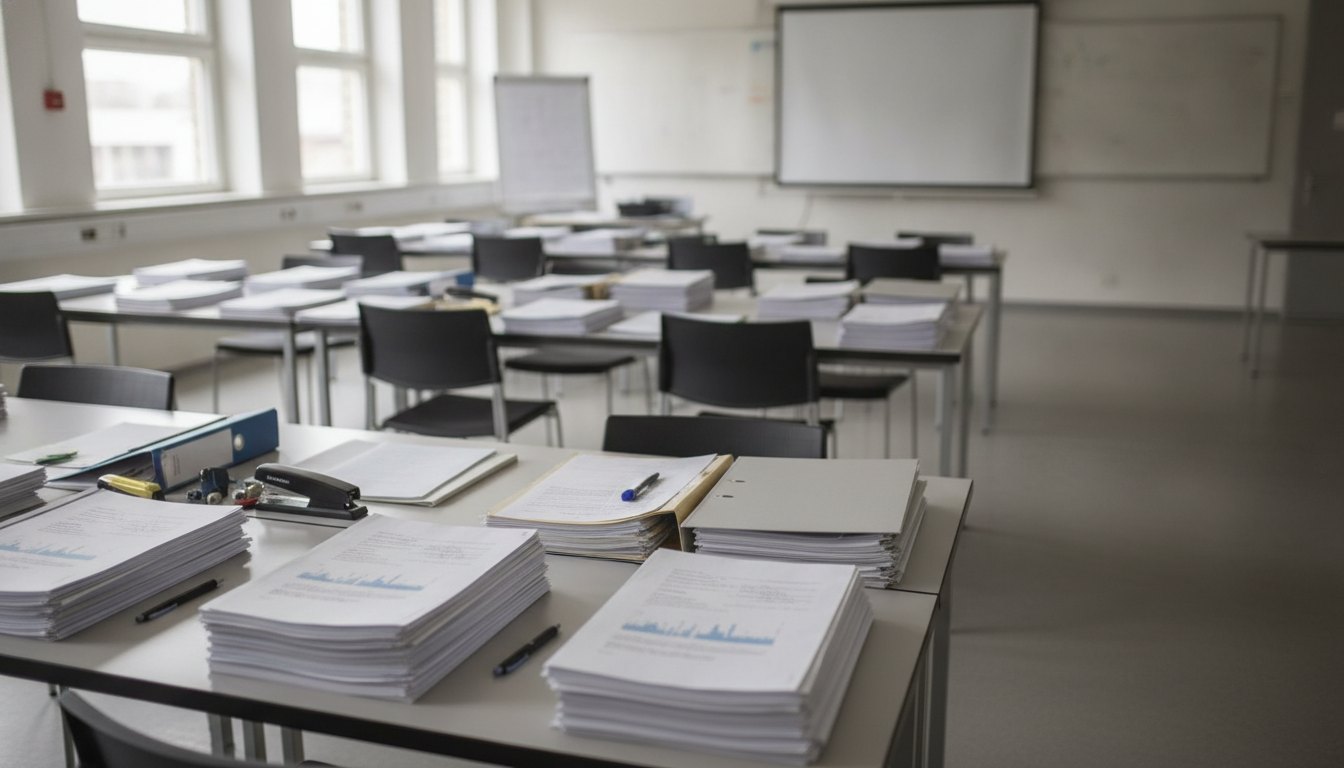 Servidores públicos reunidos em uma sala de aula analisando documentos sobre mesas de trabalho.