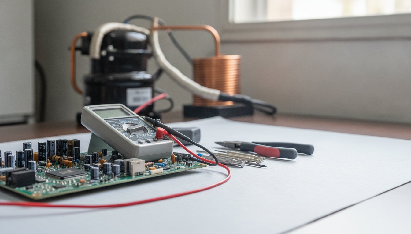 Técnico inspeciona placa eletrônica de um equipamento com o auxílio de um multímetro e ferramentas.