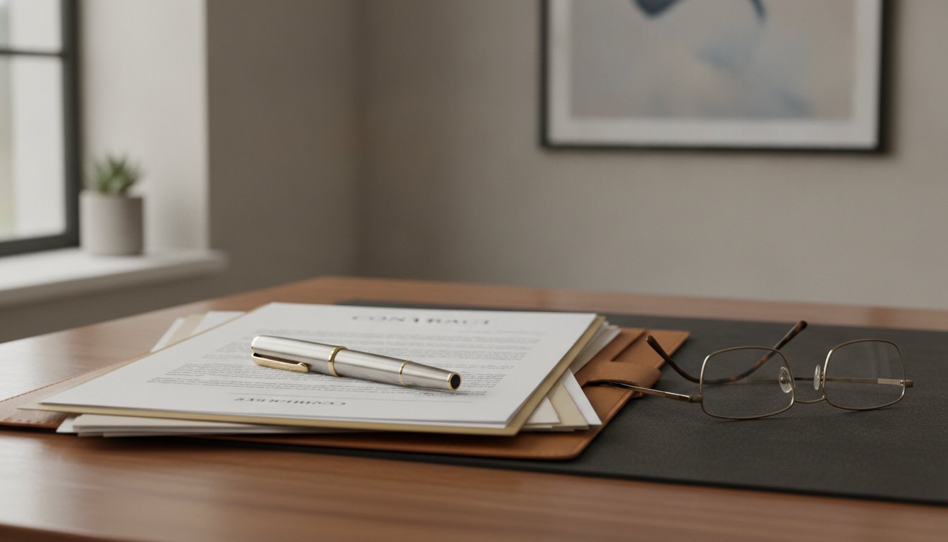 Mesa de escritório com documentos contratuais organizados e uma caneta sobre os papéis impressos.