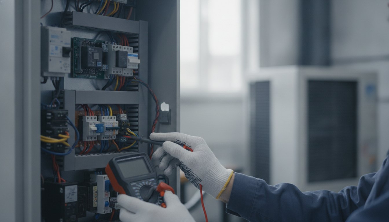 Técnico inspecionando o painel elétrico de um aparelho de ar-condicionado com um multímetro.