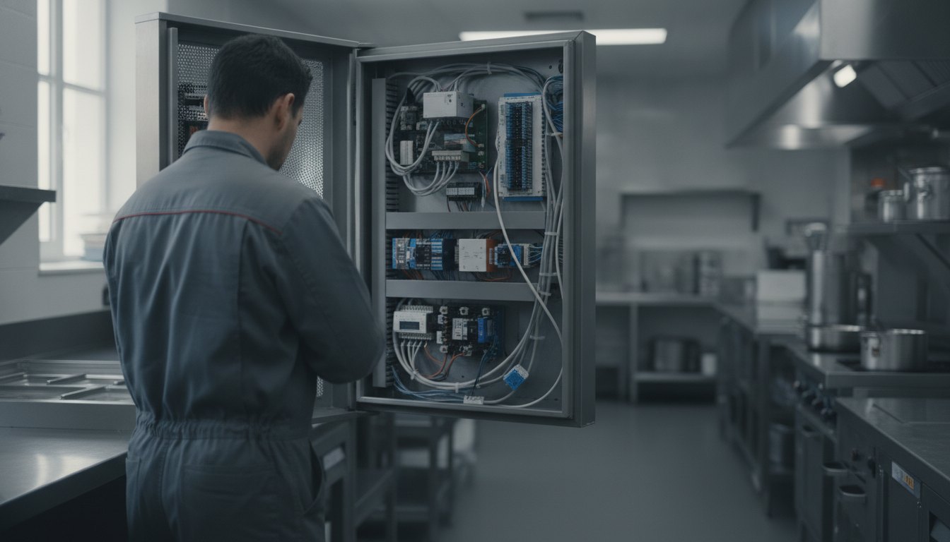 Técnico inspecionando o painel de um refrigerador comercial em uma cozinha institucional.