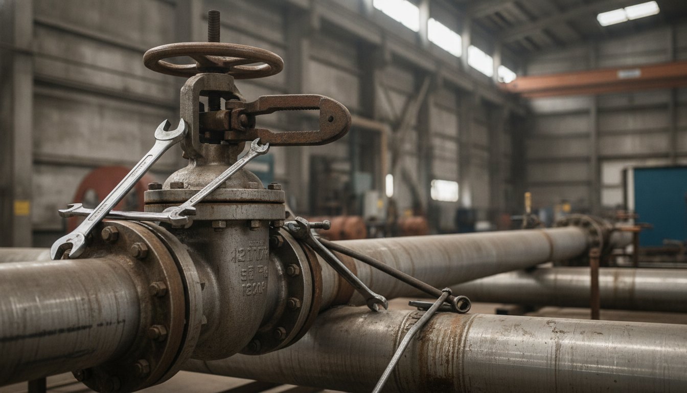 Profissional de manutenção utilizando ferramentas manuais para ajustar uma válvula em tubulação industrial de grande porte