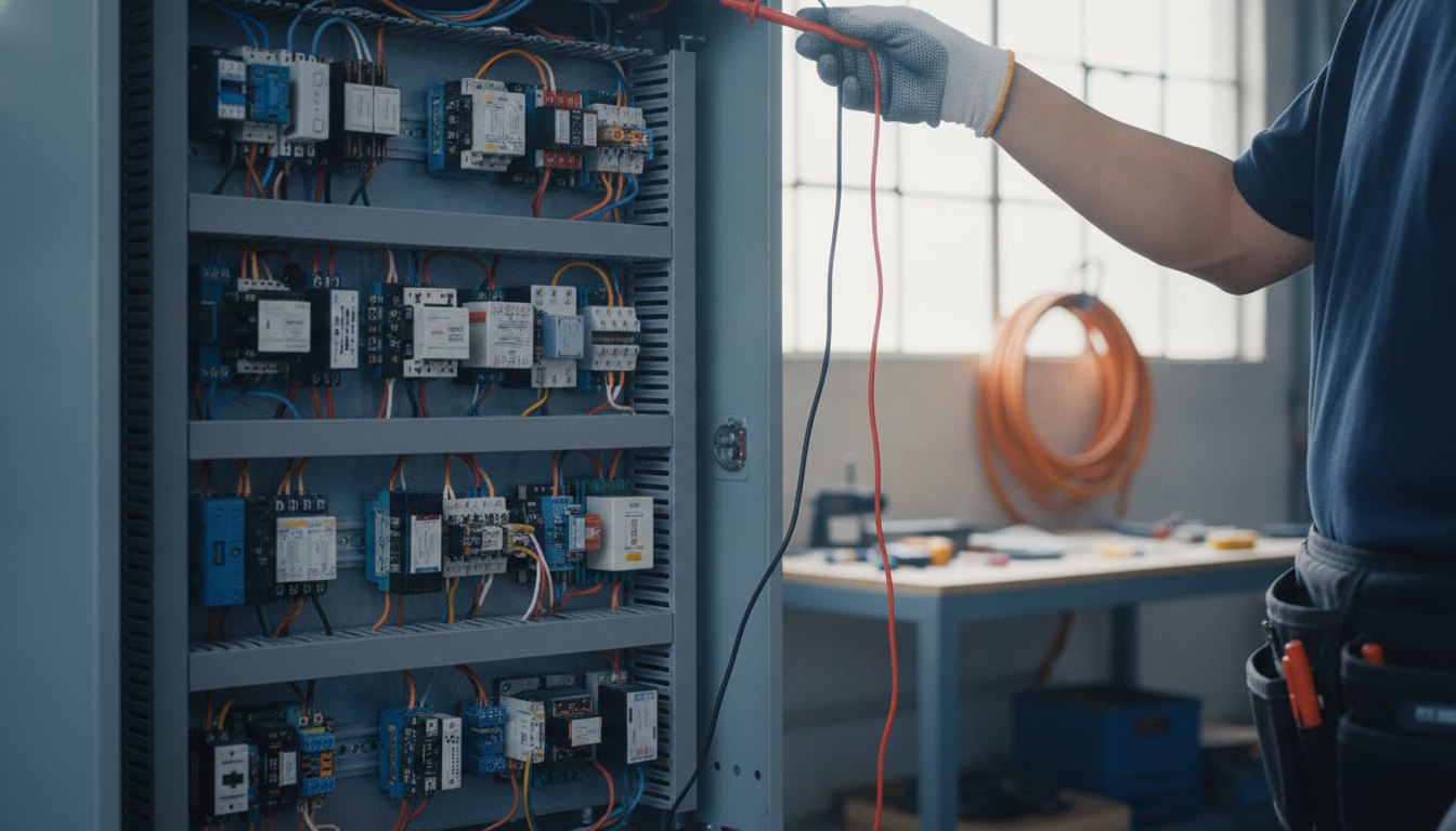 Técnico inspecionando o painel elétrico de um aparelho de ar-condicionado com um multímetro digital.