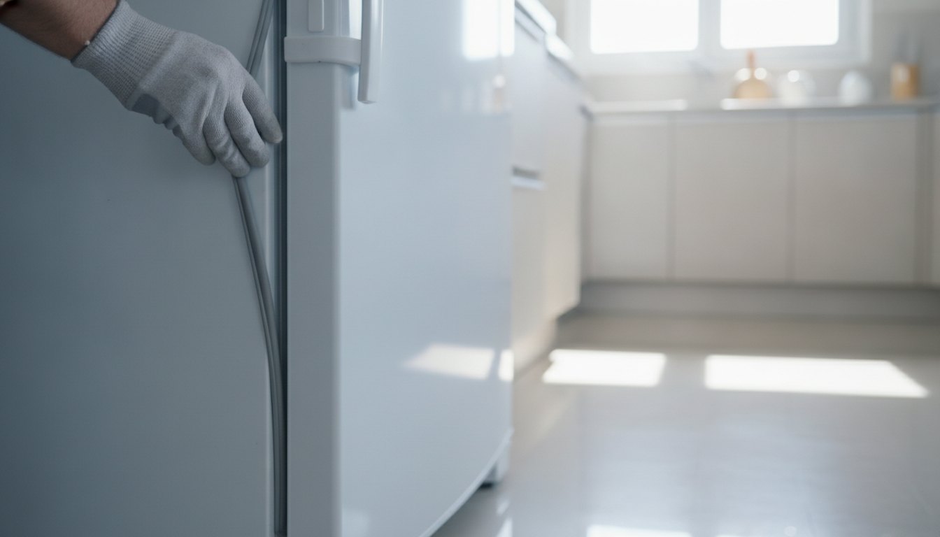 Técnico ajustando a borracha de vedação na porta de um refrigerador branco em ambiente claro.