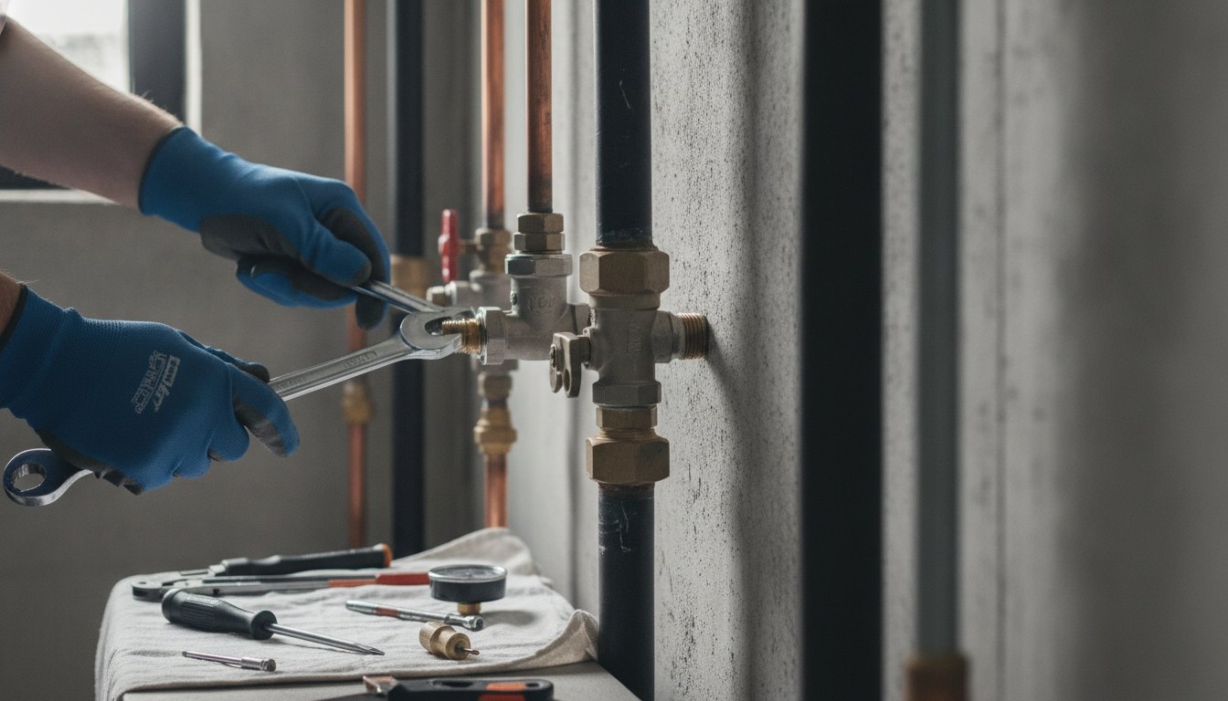 Técnico com luvas e ferramentas inspecionando uma válvula de gás em uma parede.