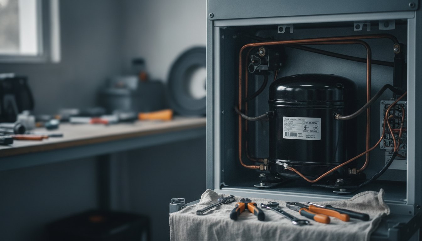 Técnico inspecionando o compressor na parte traseira de um refrigerador residencial com ferramentas manuais.