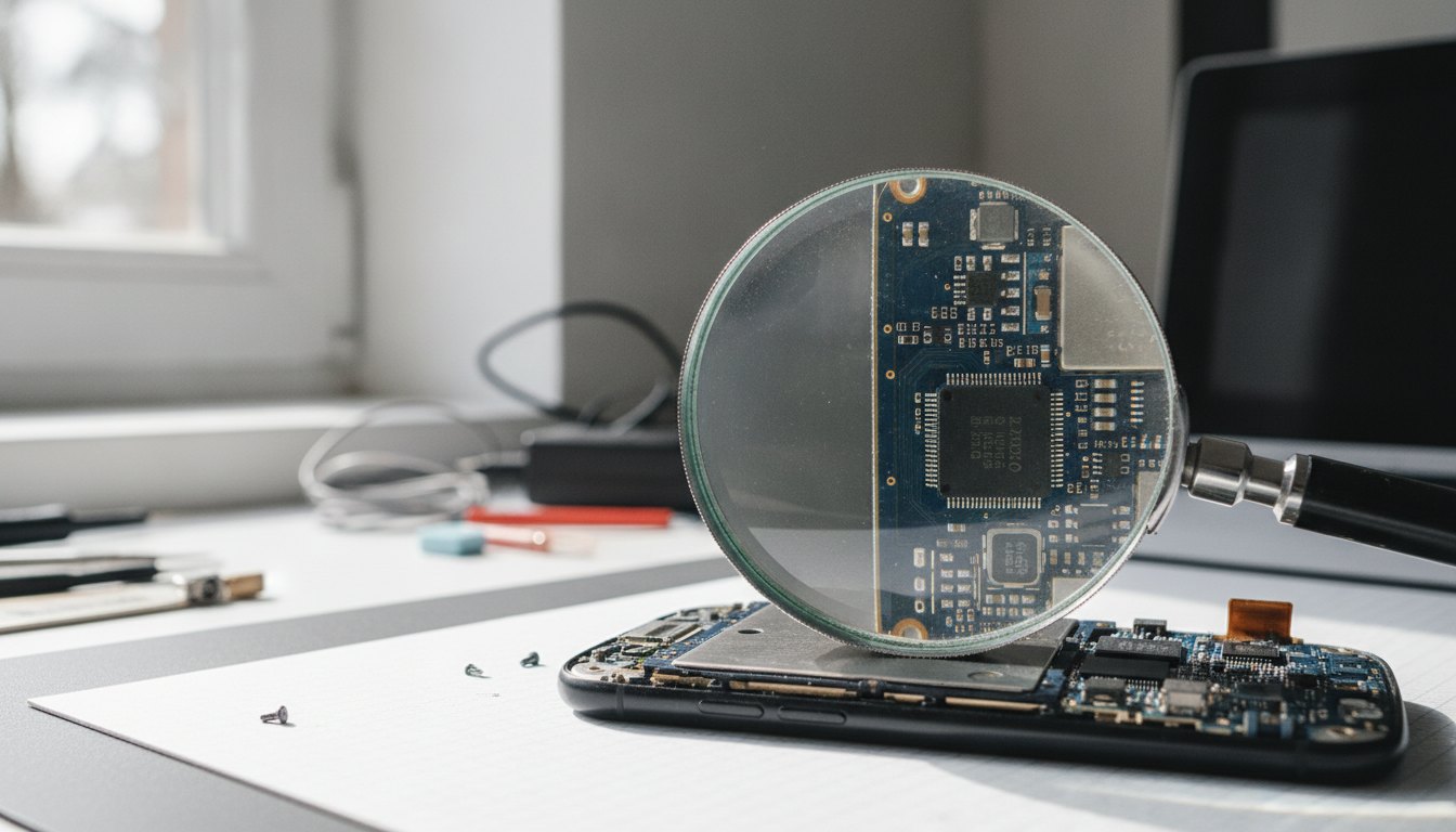Técnico inspecionando a placa de um smartphone com o auxílio de uma lupa de precisão.