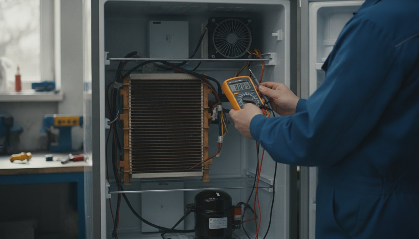 Técnico de refrigeração mede componentes internos de uma geladeira aberta com um multímetro digital.