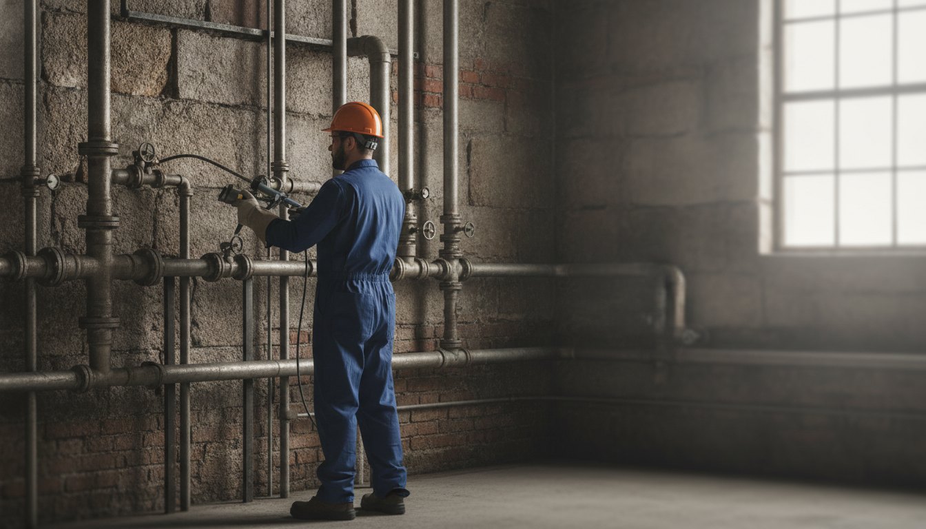 Profissional com equipamento de proteção inspecionando tubulações metálicas em uma parede de alvenaria.