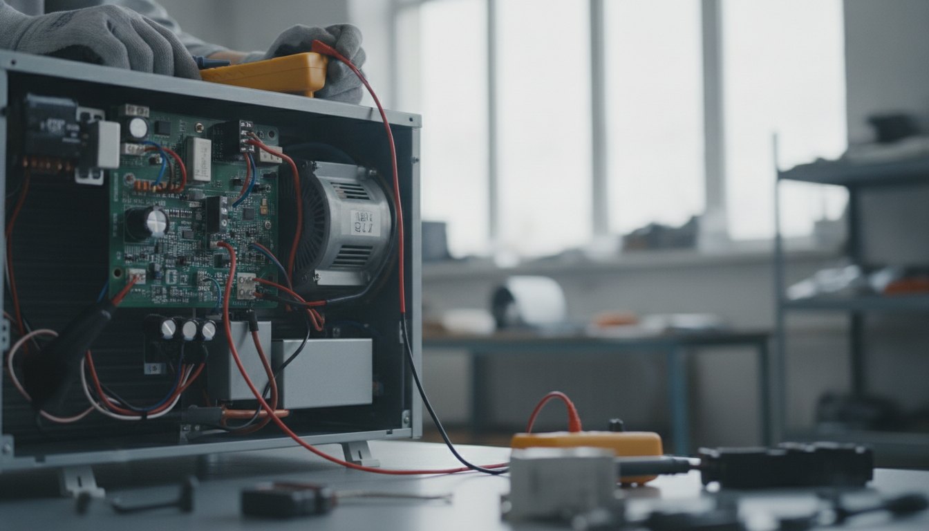 Técnico com luvas utilizando um multímetro para testar os componentes elétricos de um ar-condicionado aberto.