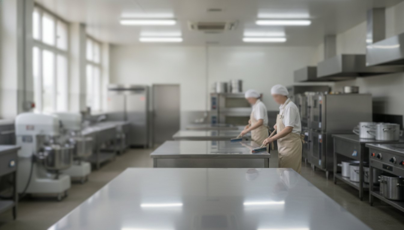 Profissionais com avental e touca higienizando bancadas de aço inoxidável em uma cozinha industrial escolar.