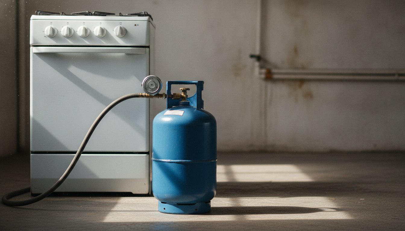 Botijão de gás conectado a um fogão com mangueira e regulador de pressão.