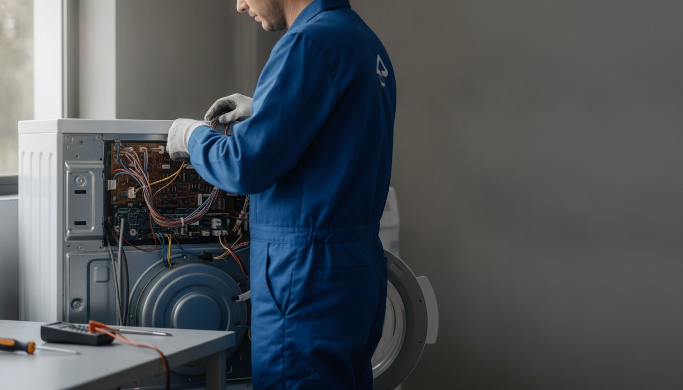 Técnico uniformizado inspecionando o painel traseiro de uma máquina de lavar.