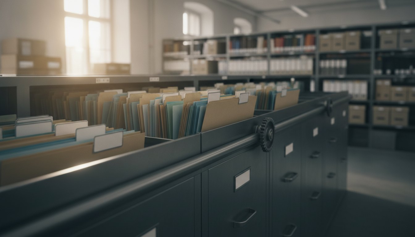 Servidor público organiza pastas e documentos de papel em um arquivo deslizante de metal.