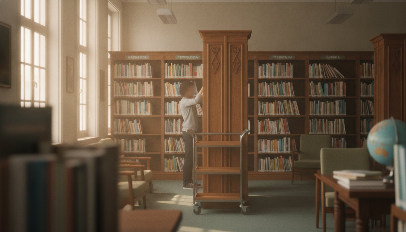 Funcionário organizando livros por categorias em estantes de madeira de uma sala de leitura escolar.