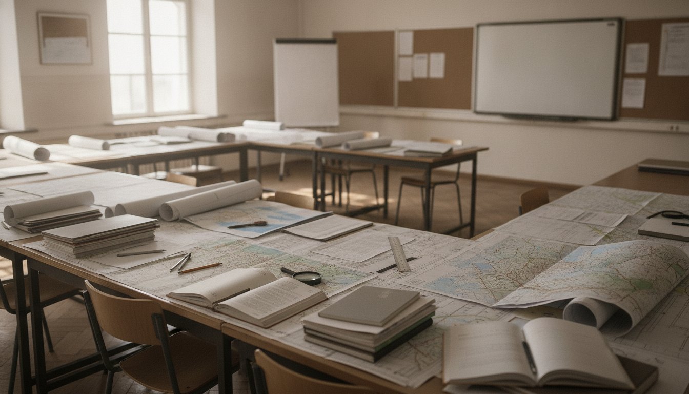 Profissionais reunidos em uma sala de aula analisando mapas e documentos sobre mesas de trabalho.