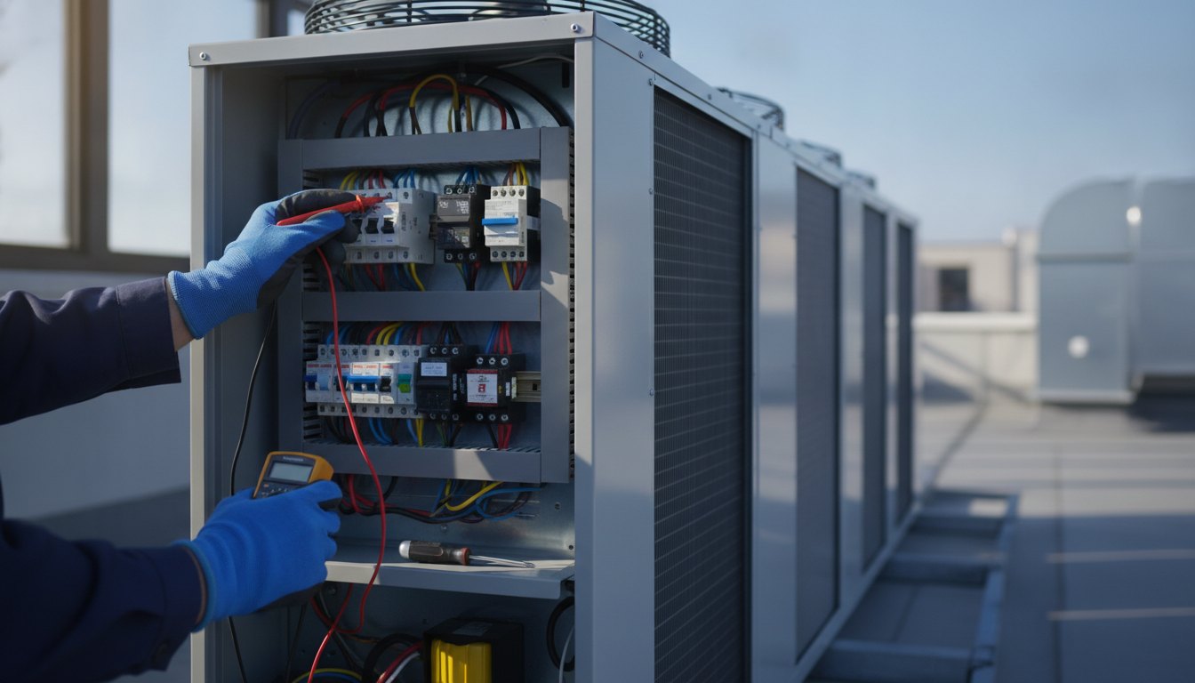 Técnico com luvas e ferramentas inspecionando o painel elétrico de um equipamento de ar-condicionado.