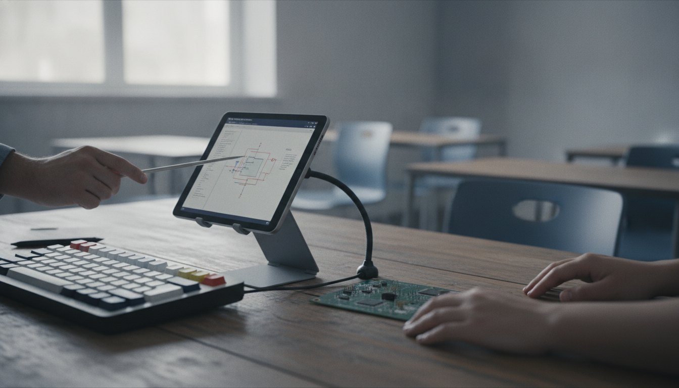 Professor orienta aluno utilizando teclado adaptado e tablet em uma mesa de sala de aula.