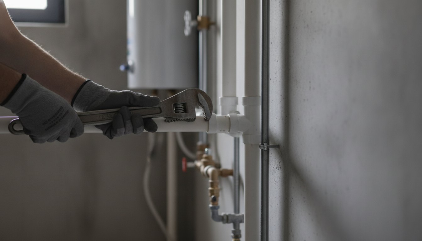 Profissional com luvas ajusta uma tubulação de PVC usando uma chave de grifo.