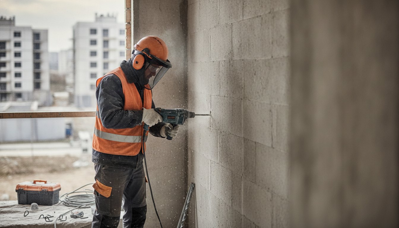 Operário com equipamento de segurança perfura parede próxima a janela para instalar ganchos de fixação.