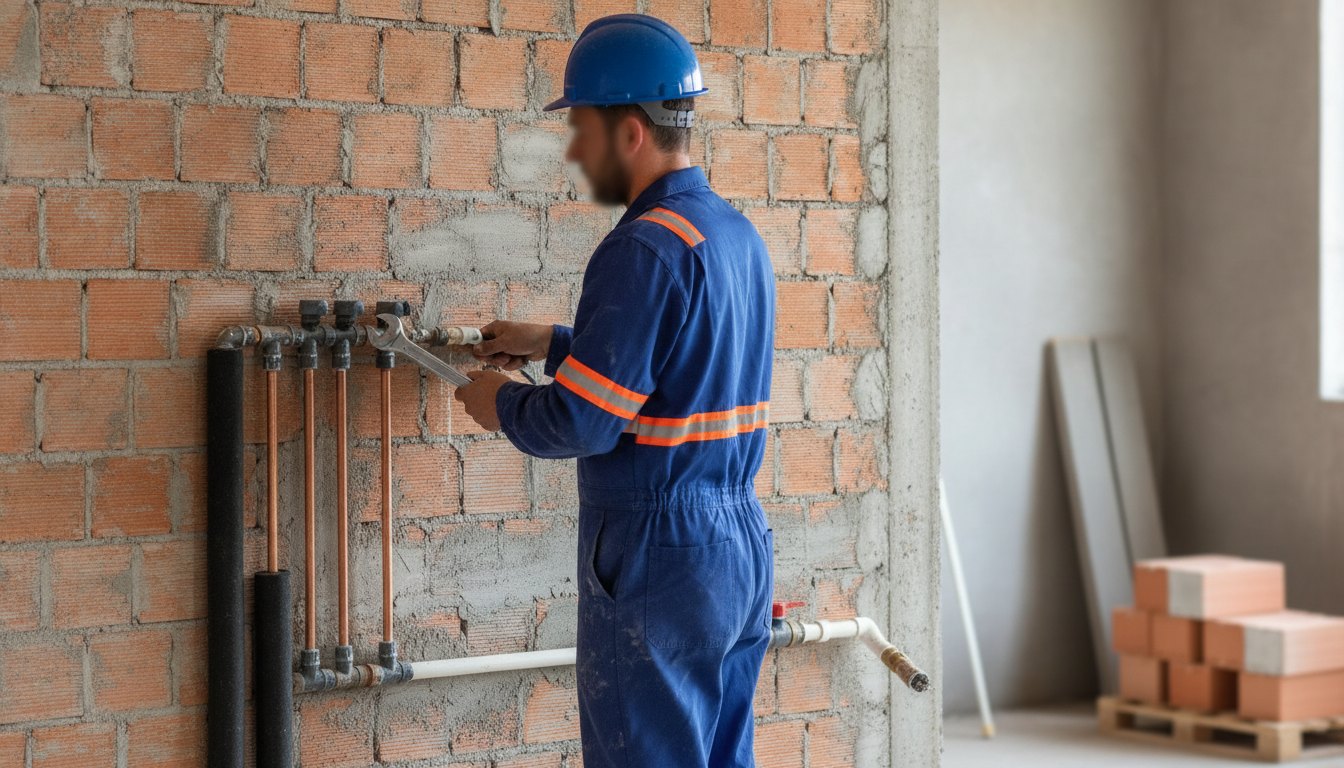 Técnico com uniforme inspeciona tubulação de água instalada na parede de alvenaria.