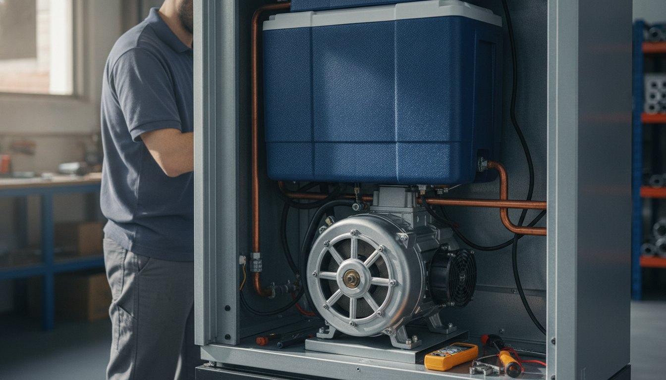 Técnico de uniforme inspecionando o motor na parte traseira de um refrigerador comercial.