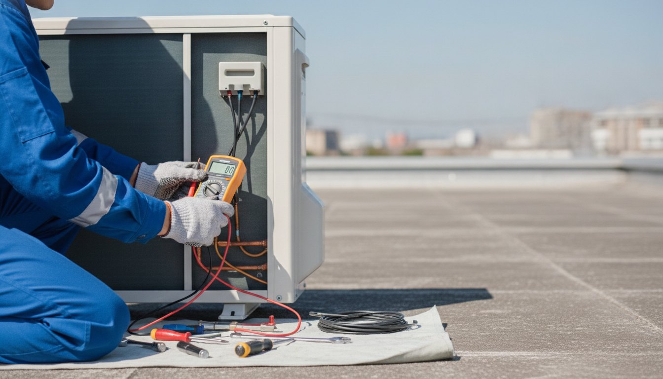 Técnico com uniforme e ferramentas medindo a tensão elétrica de um aparelho de ar-condicionado.
