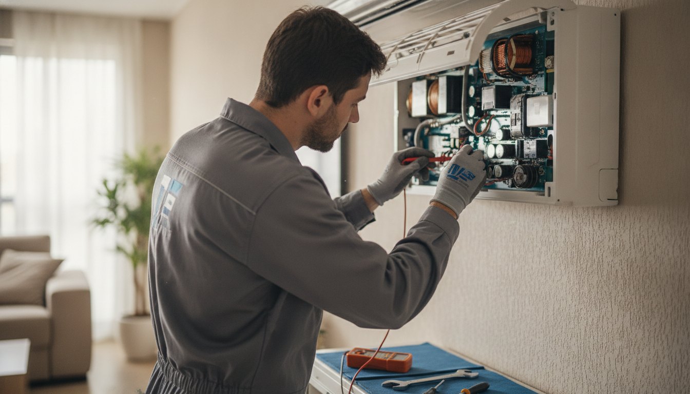 Técnico de uniforme inspecionando os componentes internos de um painel de ar condicionado residencial.