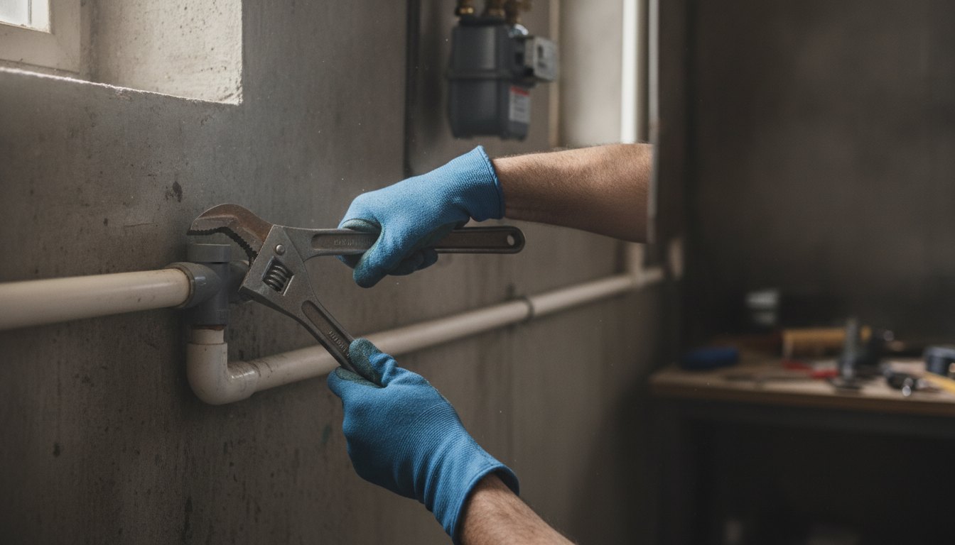 Profissional com luvas de proteção aperta conexão de tubo de PVC com chave de grifo.