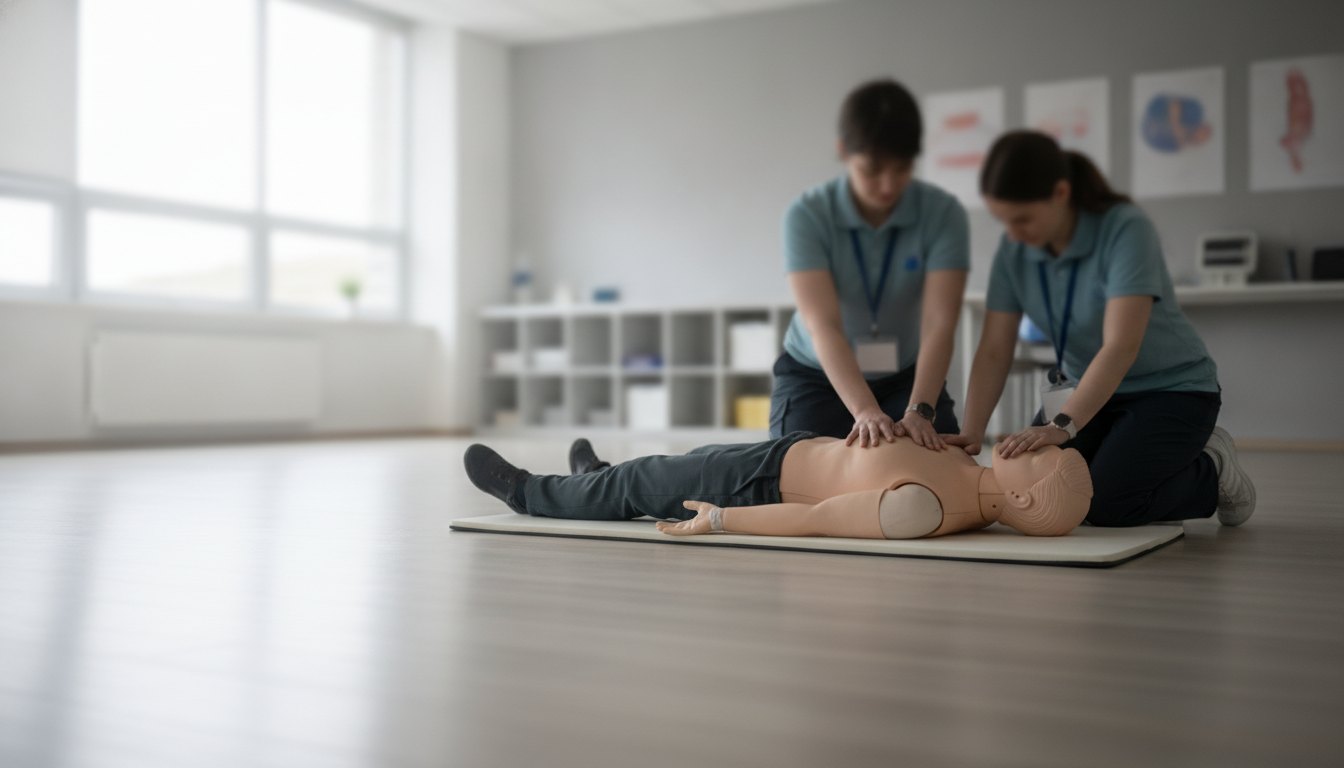 Professores e funcionários praticando manobra de desengasgo em um boneco de simulação médica