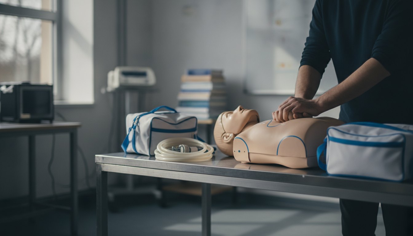 Profissionais da educação praticam manobras de reanimação em um boneco de simulação médica sobre uma mesa.