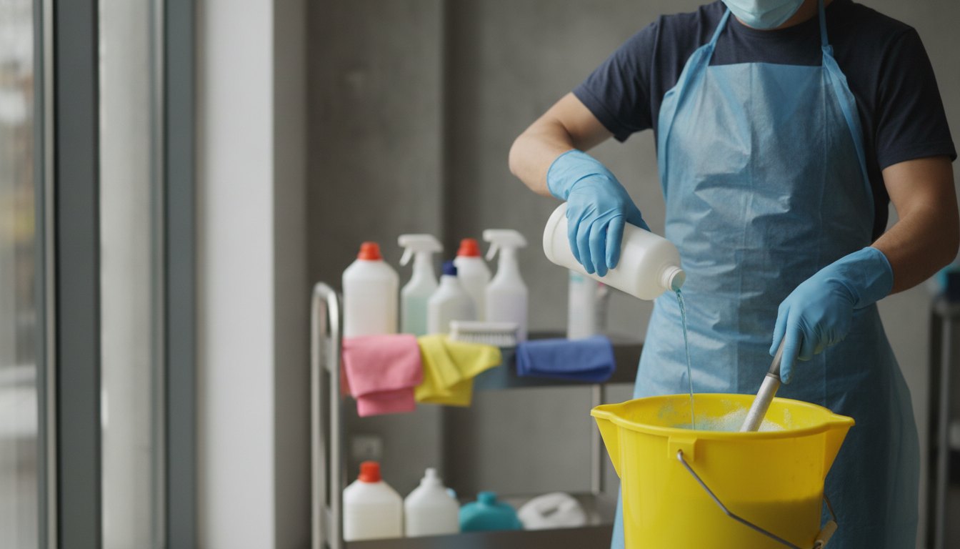 Profissional de limpeza com luvas e máscara preparando mistura de produtos em um balde amarelo.