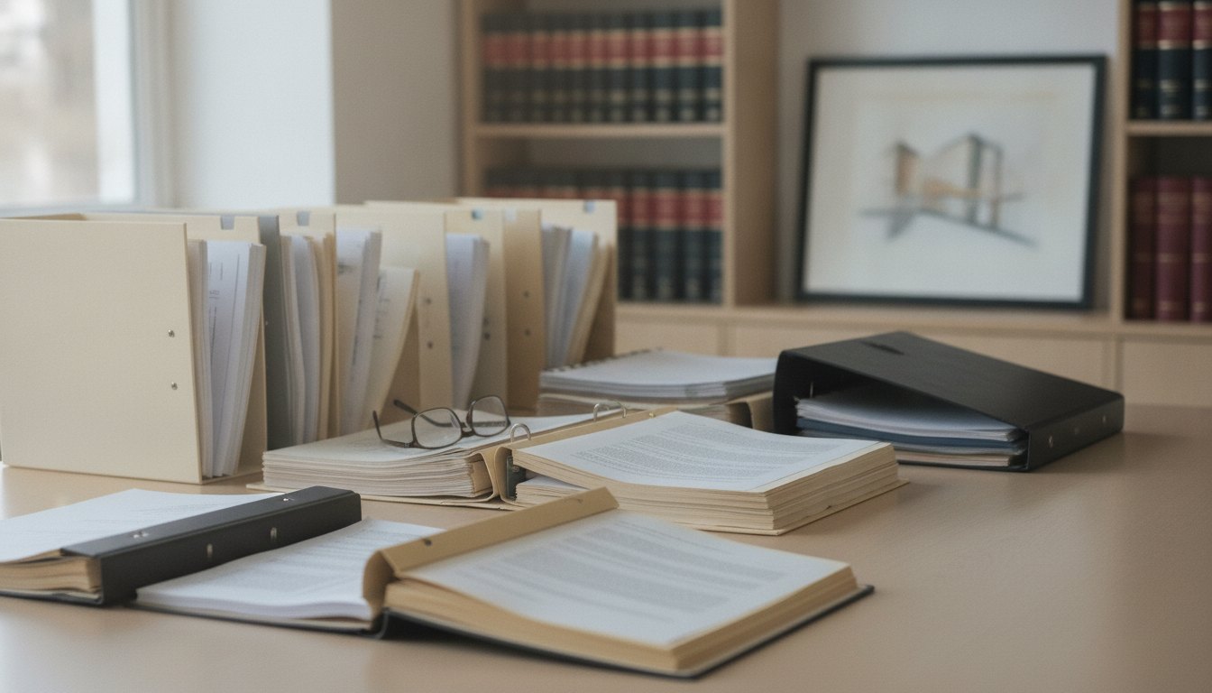 Profissional examina documentos organizados em pastas sobre uma mesa de escritório.
