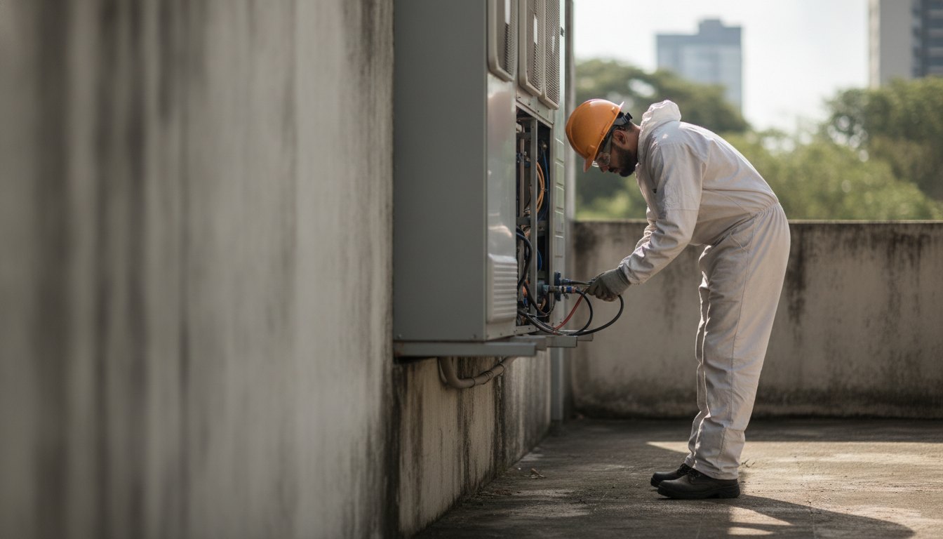 Técnico com uniforme de proteção inspecionando as conexões elétricas de um equipamento de ar condicionado.