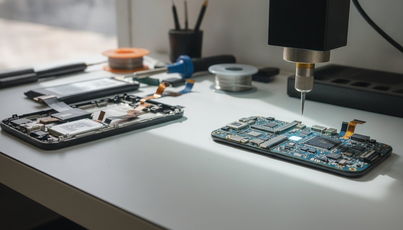 Técnico inspecionando a placa de circuito de um smartphone desmontado sobre uma bancada iluminada.