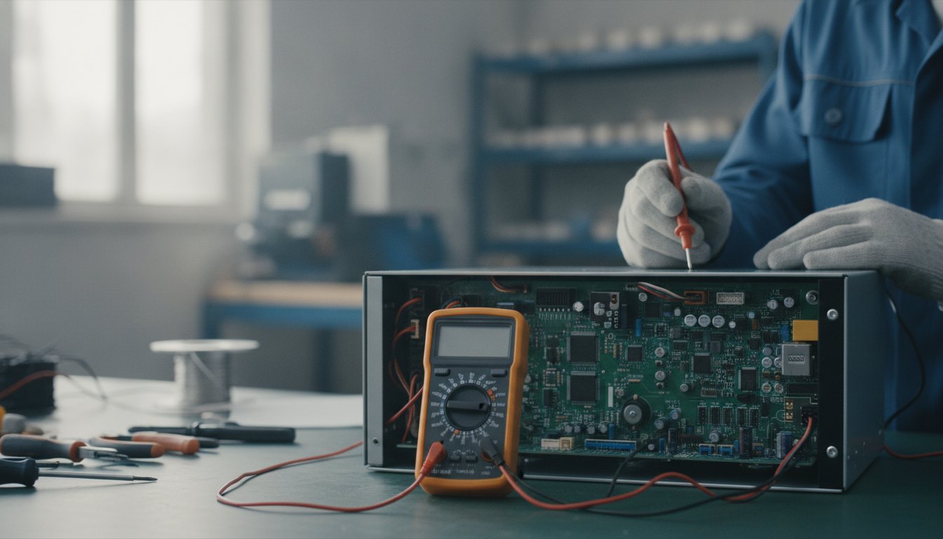 Técnico usando multímetro para testar a placa de circuito de um equipamento eletrônico.
