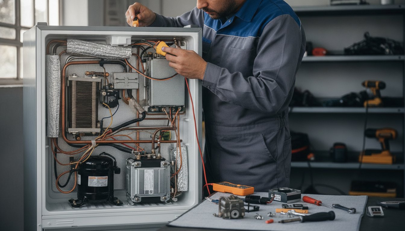 Técnico de uniforme inspeciona os componentes internos e o motor de uma geladeira com ferramentas.