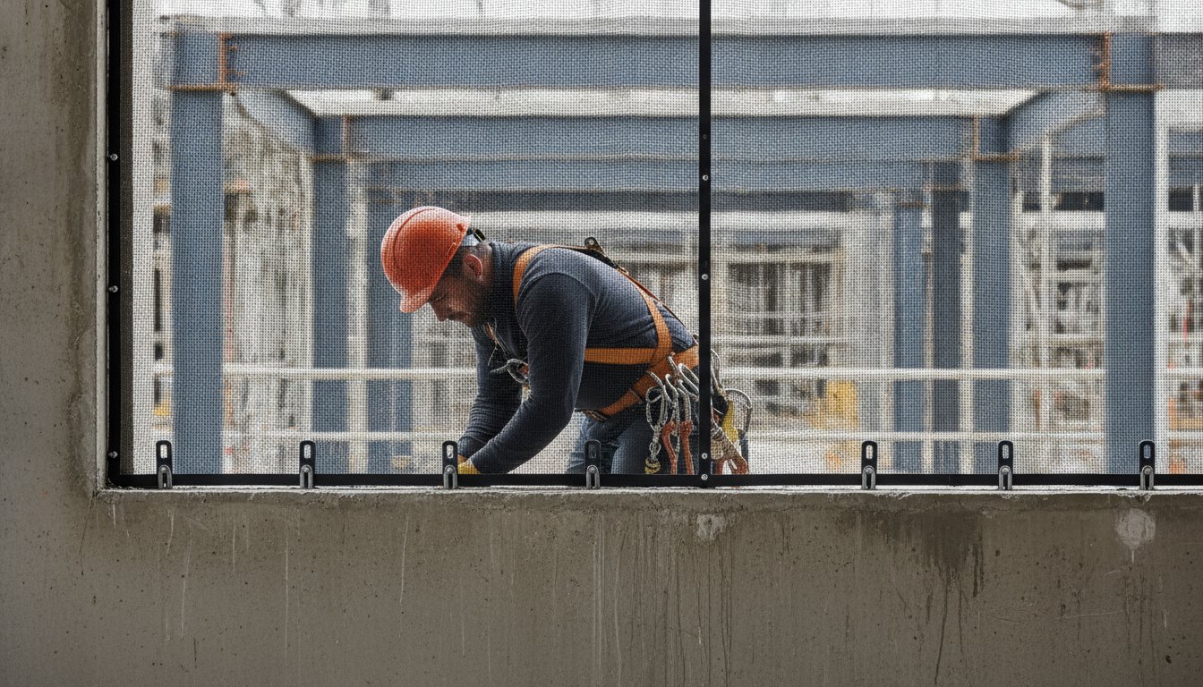 Profissional com capacete e cinto de segurança inspeciona ganchos de fixação de uma malha em janela.